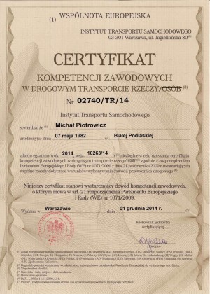 Certyfikat Kompetencji Zawodowych w Drogowym Transporcie Rzeczy